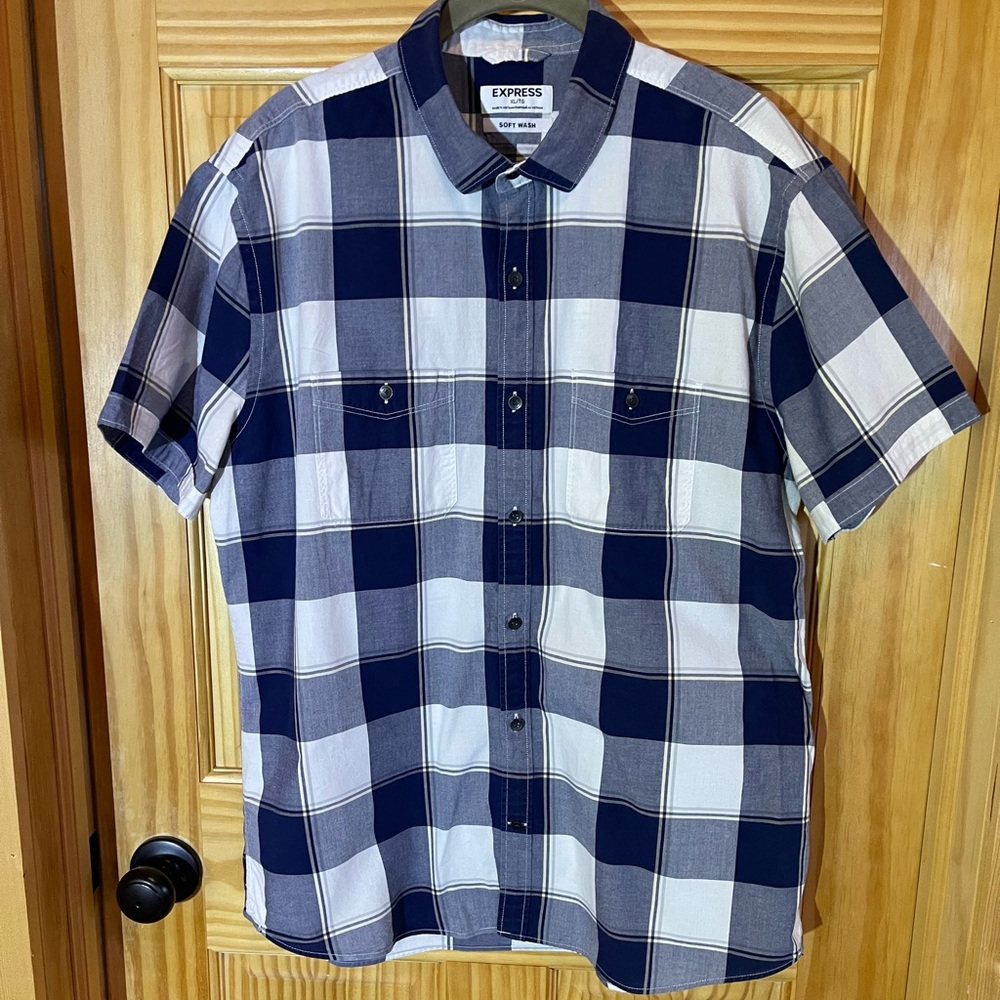 Express Men's Navy and White Checkered Shirt